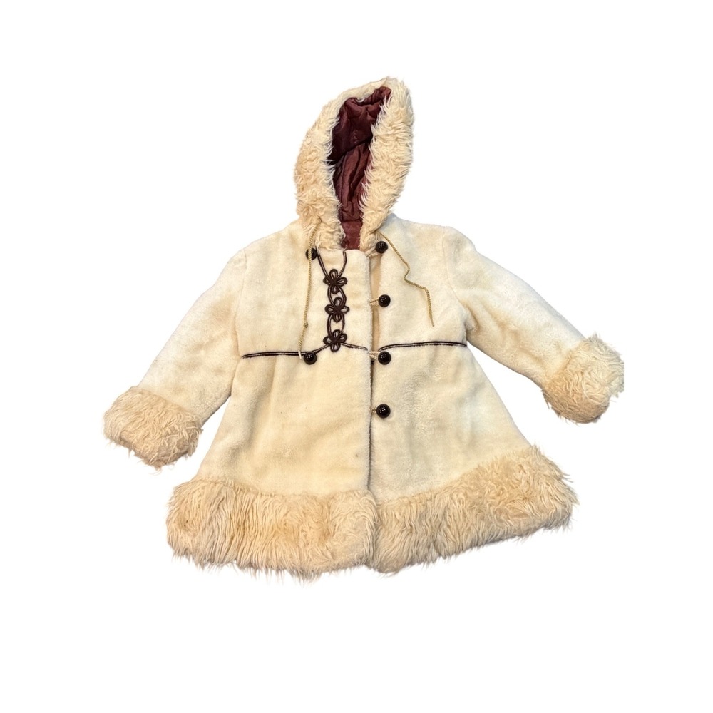 Vintage Kids Faux Fur Hooded Coat Cream Brown Trim Quilted Lining Penny Lane